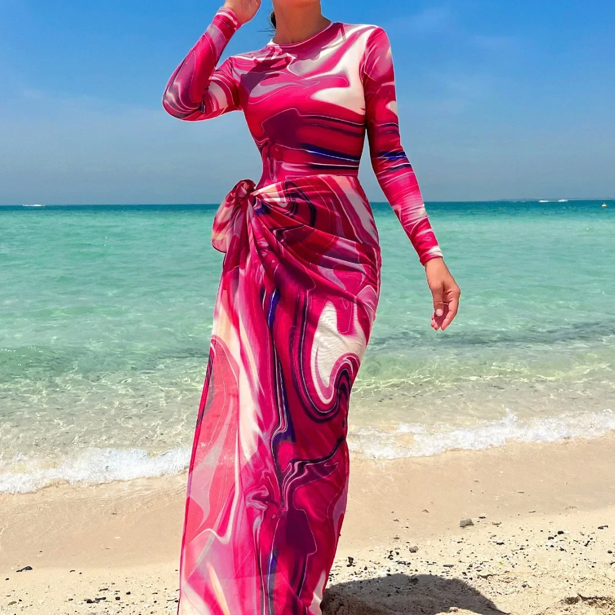 New Burkini Muslim Swimwear Printed Three-Piece Swimsuit Women Long Sleeve Trousers Padded Islamic Beachwear Bathing Suit