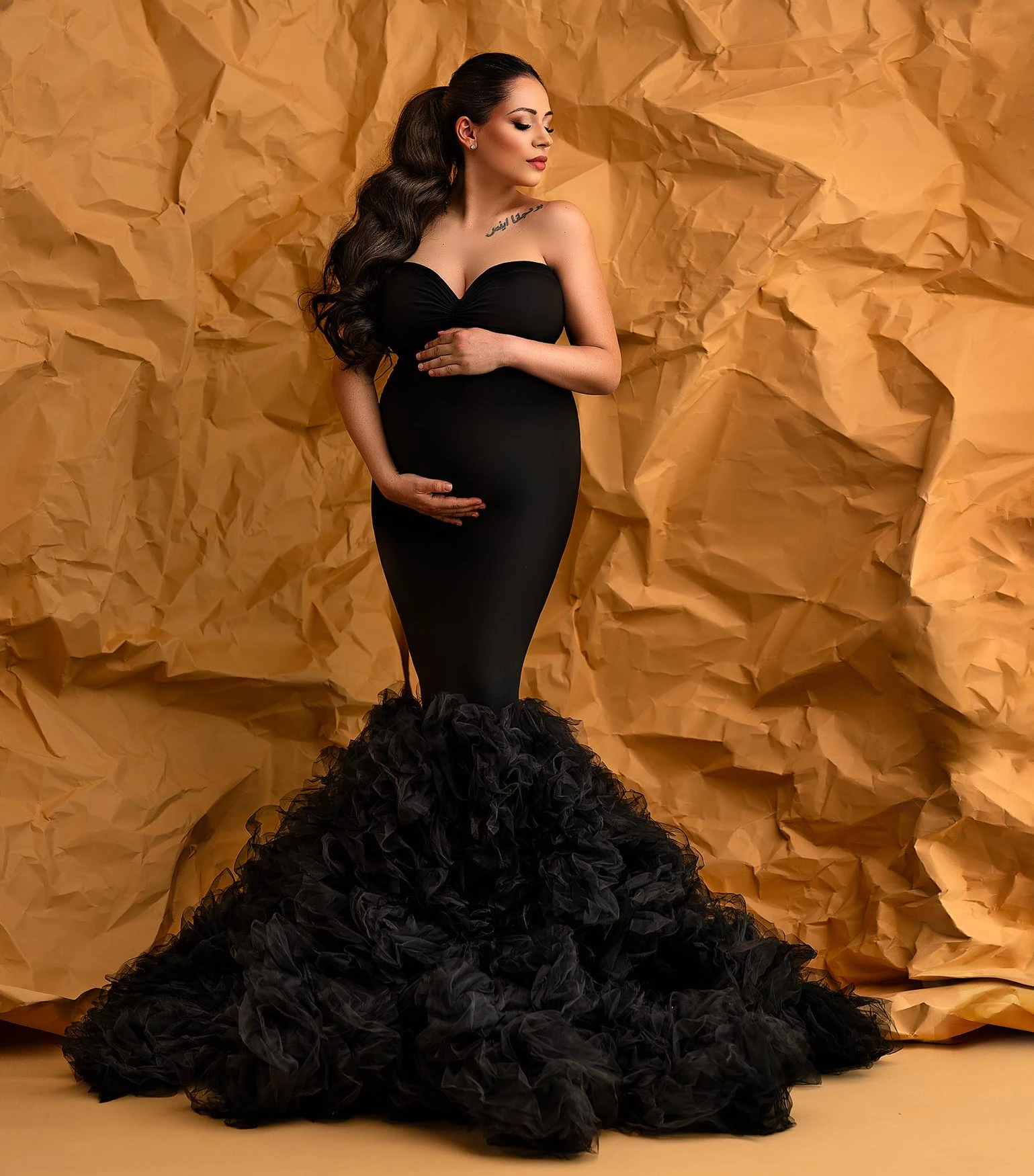 Glamorous Black Mermaid Maternity Robes for Photo Shoot Ruffles Pregnant Women Dresses Sexy Sweetheart Baby Shower Gowns