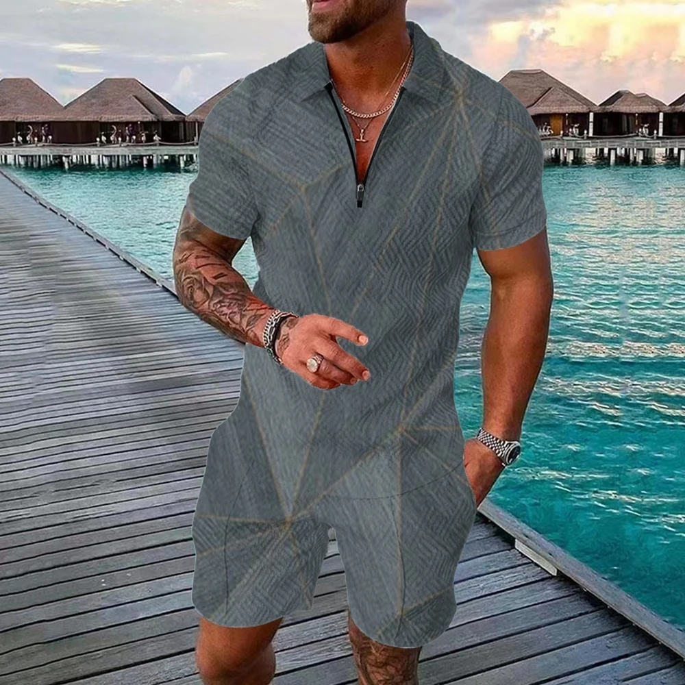 

Men'S Polo Shirt Fashion Men'S Summer Casual Oversized V-Neck Zipper Short-Sleeved Polo Shirt + Shorts Casual Two-Piece Set