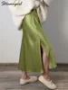 Streamgirl Luxury Satin Slit Skirts For Women Midi 2025 Spring A Line Solid Green Skirts Formal Lady Office Women's Midi Skirts 1