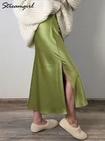 Streamgirl Luxury Satin Slit Skirts For Women Midi 2025 Spring A Line Solid Green Skirts Formal Lady Office Women's Midi Skirts 1