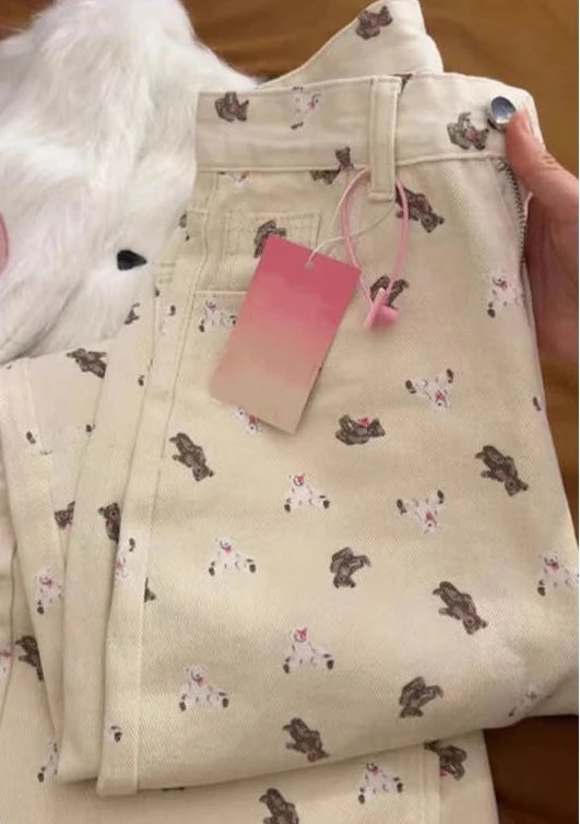 Korean retro high street cartoon bear jeans for women loose pure high-waisted cute comfortable wide-legged straight long pants