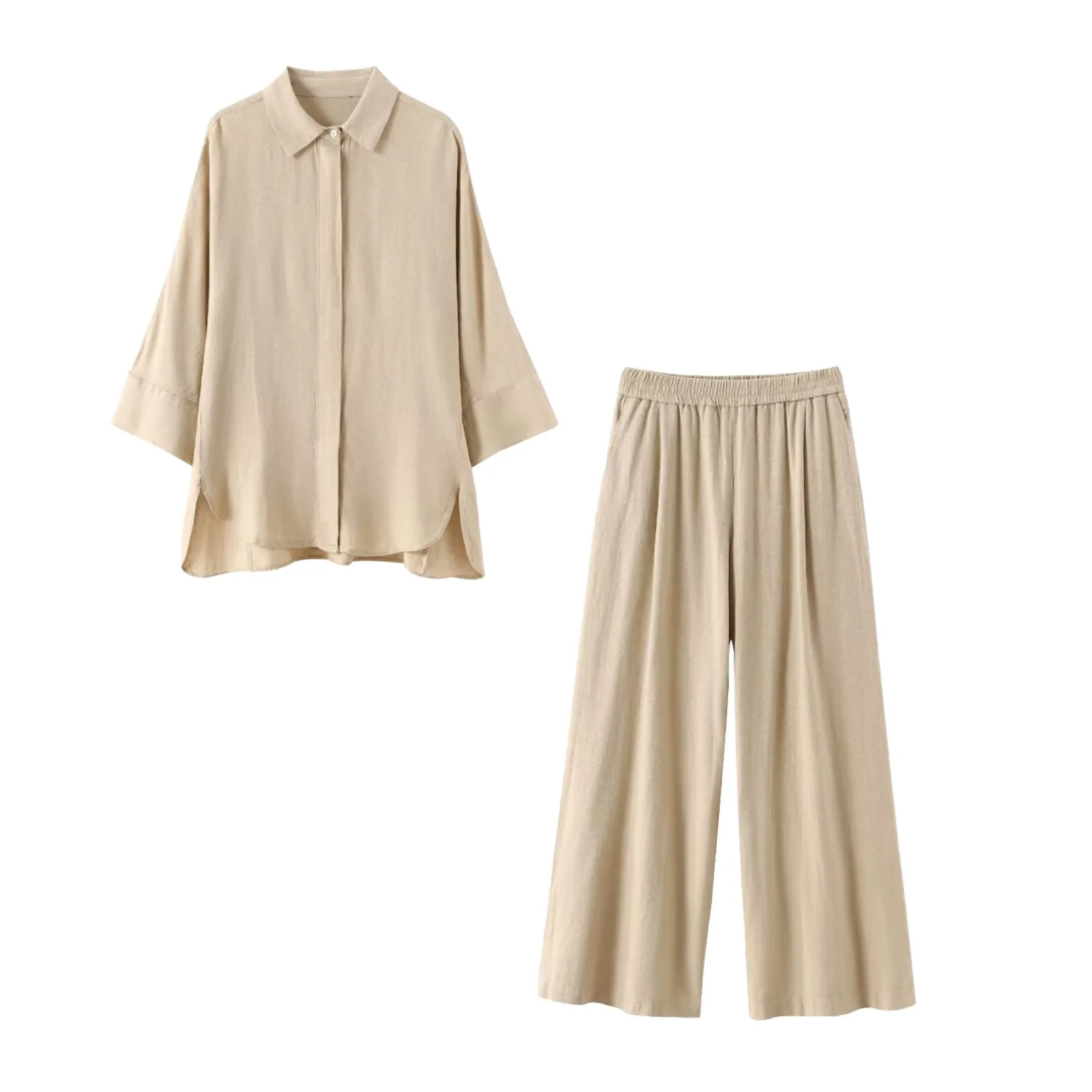 Women Shirt Pants Womens Casual Linen Long Sleeved Loose Shirt Or Buckle Elastic High Waisted Wide Leg Pants 2pes Pants Set
