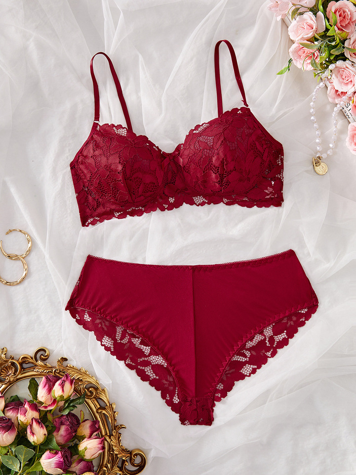 Women's Sexy Solid Color V-Neck Lace Bra Set New Lingerie Underwear Bandage Hollow out Top with Matching G-string