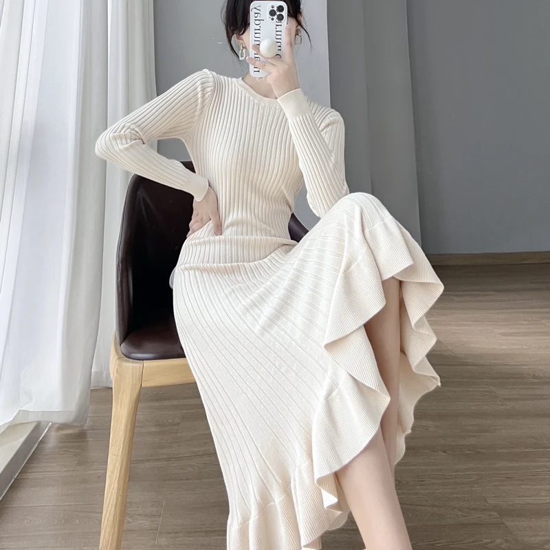 

Women's Knitted Sweater Dresses Long Sleeve O-neck Slim Korean Fashion Black Dress OL Women Elegant Underlay with Fishtail Dress