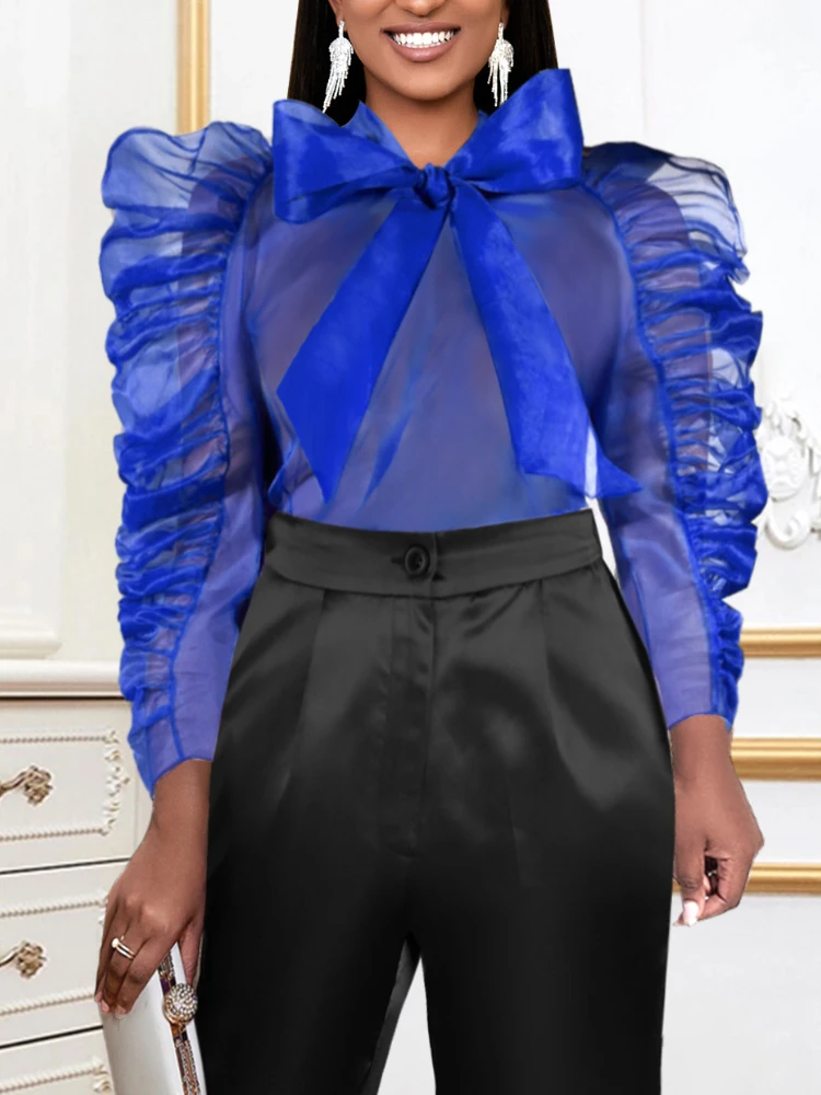 AOMEI Women Blouses See Through Transparent Tops Sexy Bow Pleated Autumn Fashion Elegant Office Ladies African Female Tops New