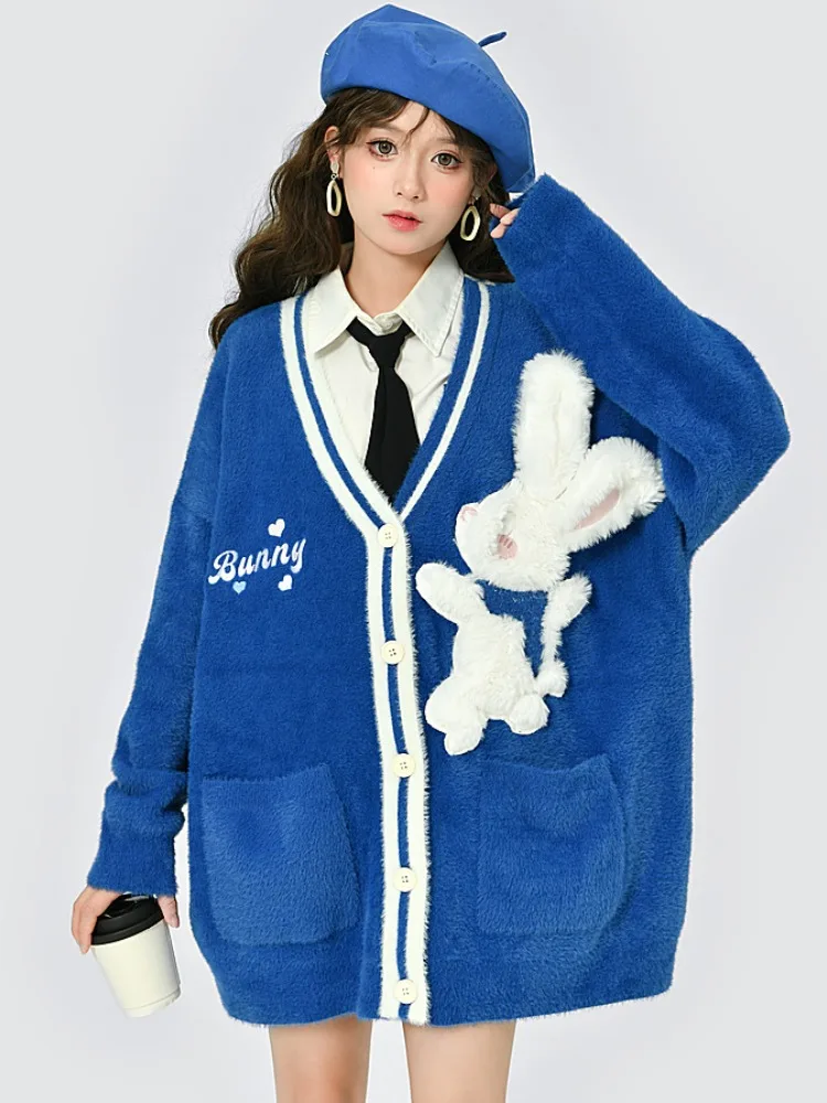 

ADAgirl Kawaii Cartoon Rabbit Cardigan Blue Oversized Long Sleeve Sweaters for Women Autumn Winter Cutecore Pattern Tops Coat