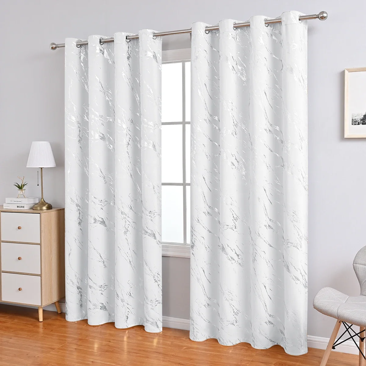 1pc Modern Marble Printed Curtain with Silver Stamping, One Panel High-Precision
