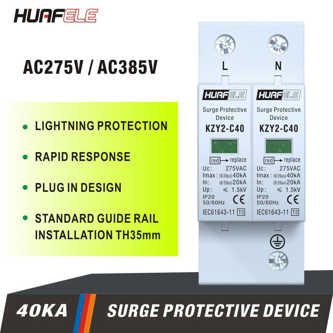 surge protector KZY2-C40 2P AC 275V 385V 20KA-40KA Lightning Protector SPD with PE House Safety Electricity Protector