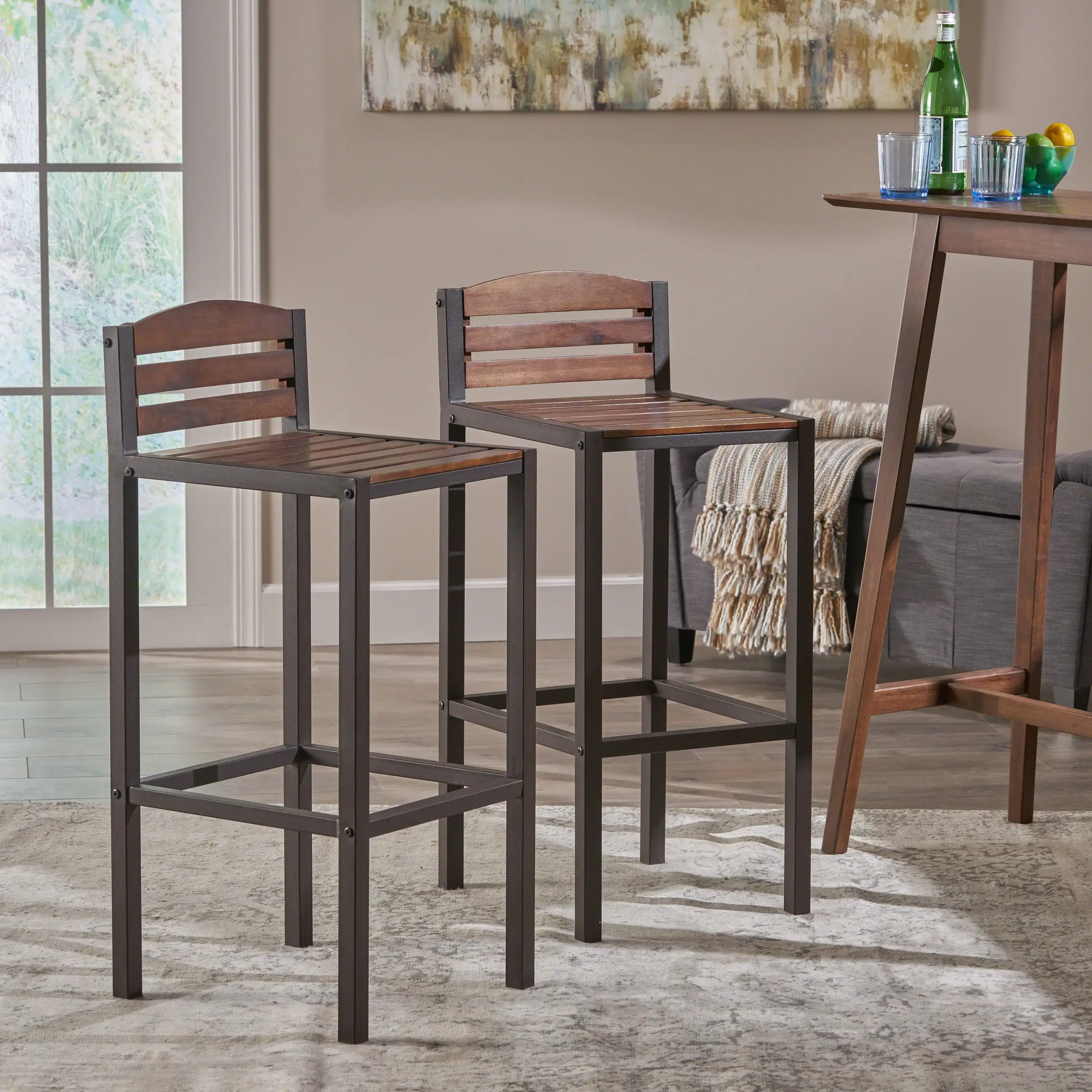 

Noble House Durable low-profil luxurious easy to clean Indoor Acacia Barstools with Rustic Metal Finish Iron Frame Dark Brown