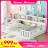 Kids Montessori Floor Bed, Full Size Floor Bed with Bookcase and Shelves, Full Bed Frame with Guardrails for Kids, Girls, Boys 1