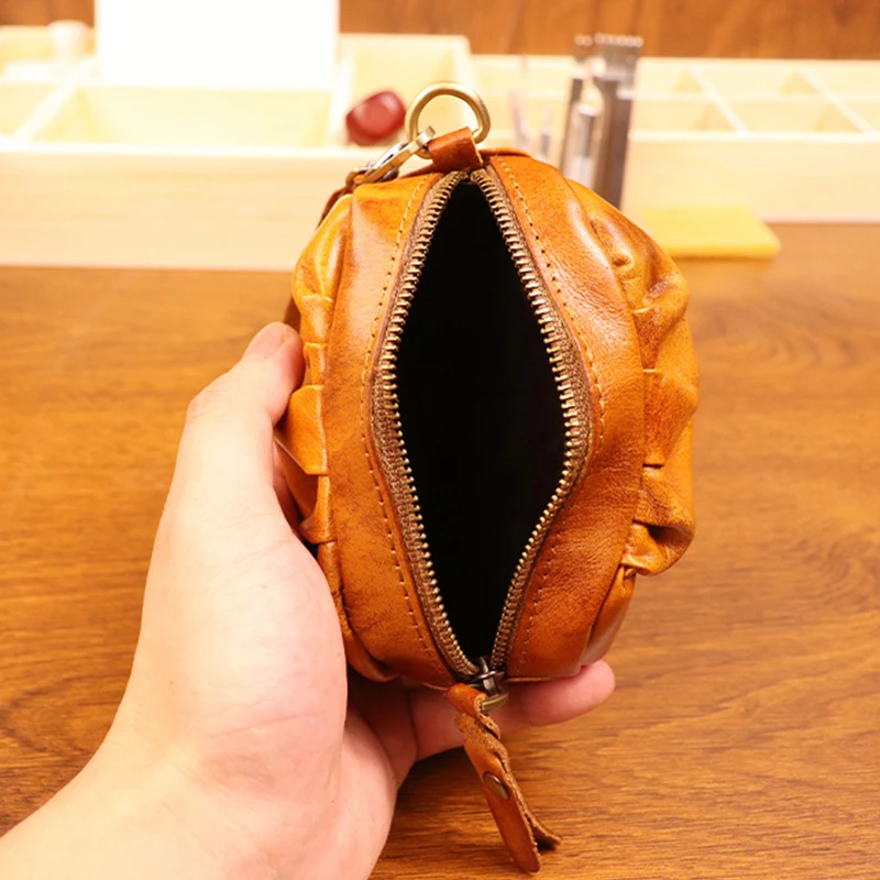 Vintage Pleated Coin Purse Genuine Leather Wristlet Mini Clutch Wallet Change Purse Zipper Coin Organizer Wallet for Men & Women