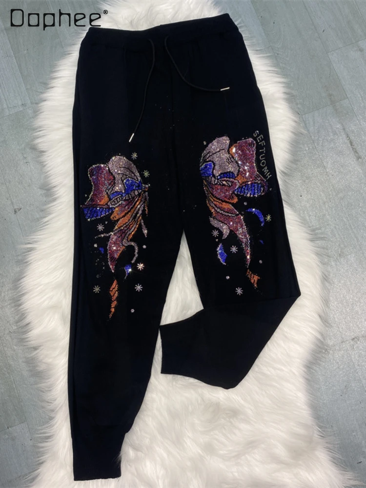 exquisite rhinestone fur stitching flare jeans women 2023 autumn winter high waist sliding stretch all matching trousers female Elastic Waist Stretch Knitted Trousers Female 2023 Fall New Women's Clothing Pants Cartoon Rhinestone Casual Pants Sweatpants