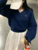 Korean V Neck Atmospheric Loose Sweatshirt for Women Autum Letter Long-Sleeved Pullover Knitwear Lazy High-End Top 3