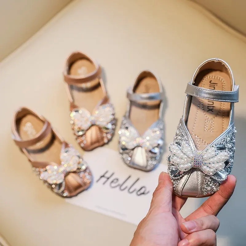 

2024 Spring New Children's Sequined Leather Shoes Girls Princess Pearl Rhinestone Bowknot Dance Party Fashion Kids Wedding Shoes