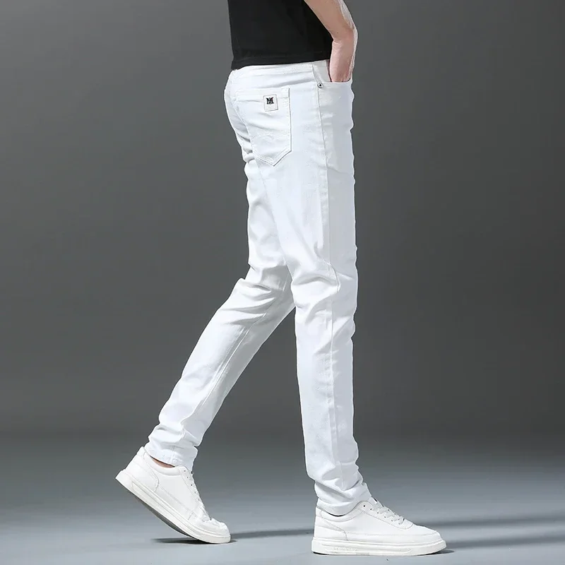 2024 Spring Summer New 98%Cotton Men's Slim Jeans Straight Casual Fashion Pencil Pants High Quality Trousers Male Clothes White 5