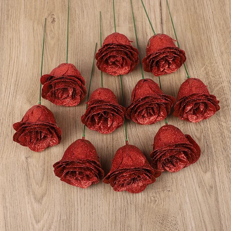 10Pcs Glitter Red Rose Artificial Flowers Bouquet for Wedding Valentine's Day Decoration Baby Shower Party Home Garden DIY Decor