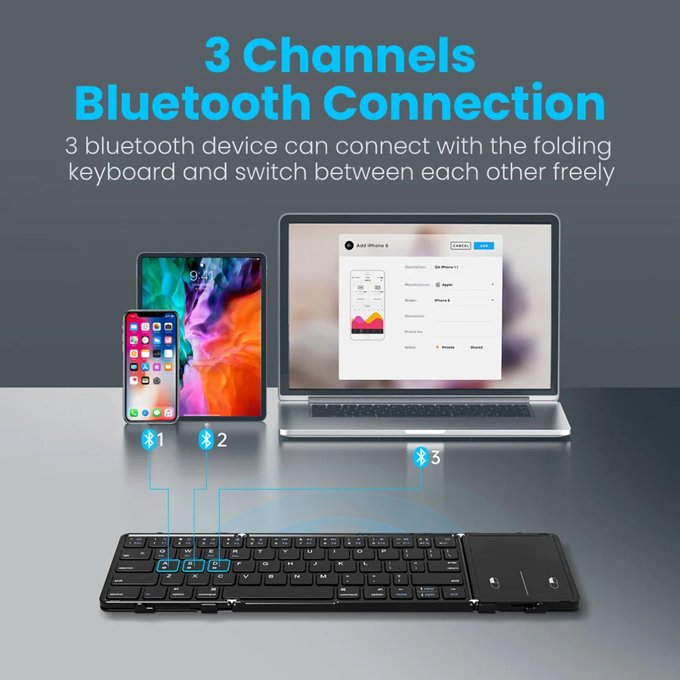 Teclado sem Fio Tri-dobrável com Touchpad Mini Teclado Recarregável Bluetooth Telefone Desktop pc - Imagem 2