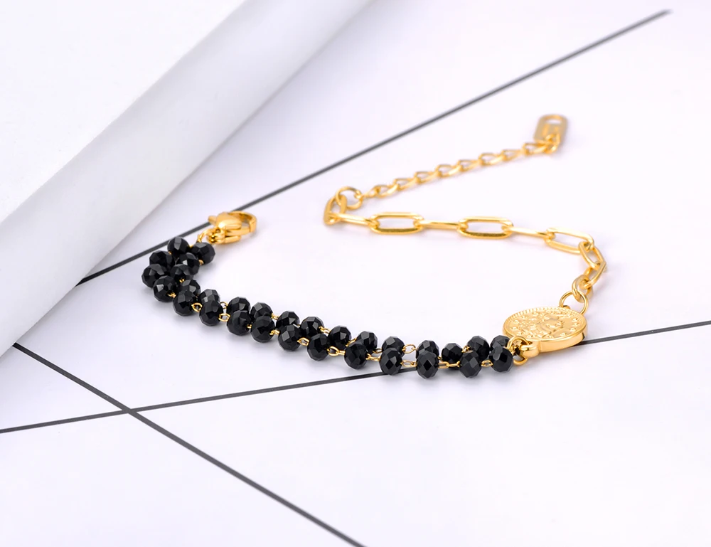 JeeMango Vintage Elizabeth Queen Münz-Charm-Armband aus Titan-Edelstahl mit schwarzen Kristallen und Perlen, Kette und Gliedern, Schmuck JB21030