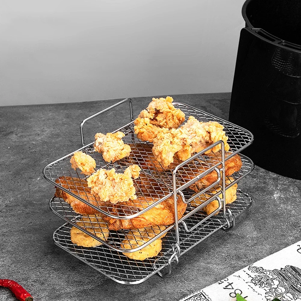 Air Fryer Rack Air Fryer Oven Grill Steamer Stainless Steel 3 Layers Mesh Grill Basket Stackable Multifunctional Kitchen Gadgets