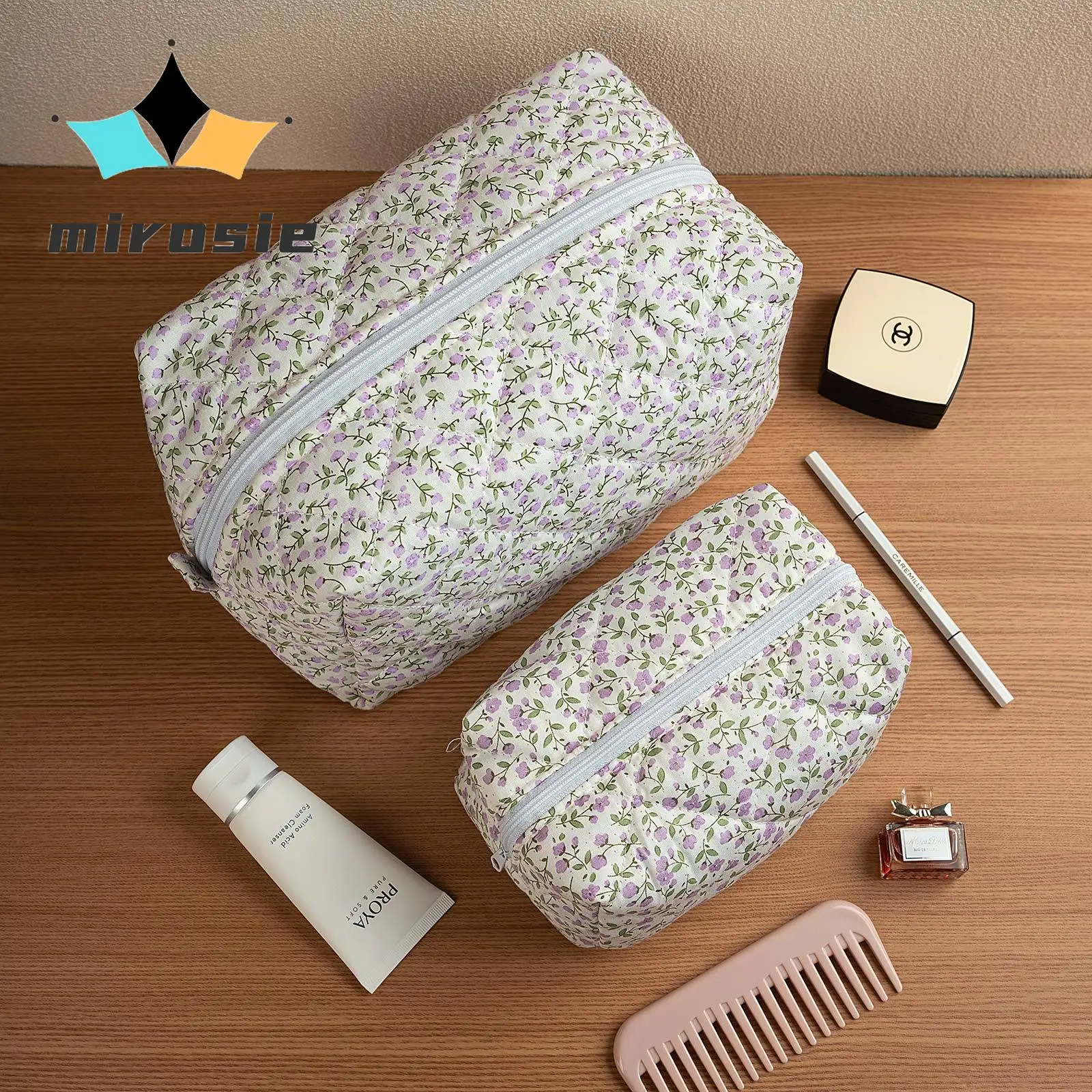 MIROSIE-Purple Floral Makeup Bag with Zipper, Portable Travel