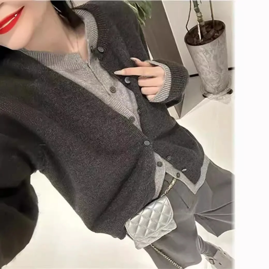 Gray Fake Two Piece Long Sleeve Knitted Sweater for Women