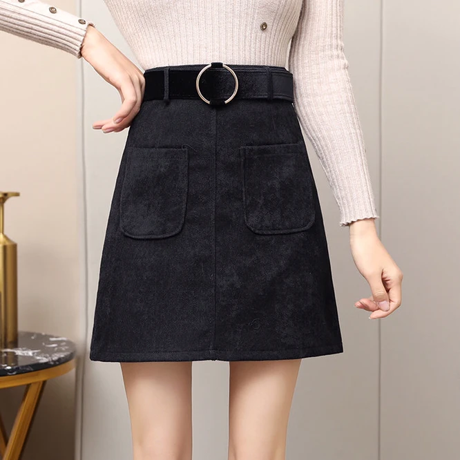 white pleated skirt Spring Autumn Corduroy High Waist Women's High-grade A-line Wrap Hip Skirt Versatile Girl's Belt Zipper Solid Color Black mini skirt