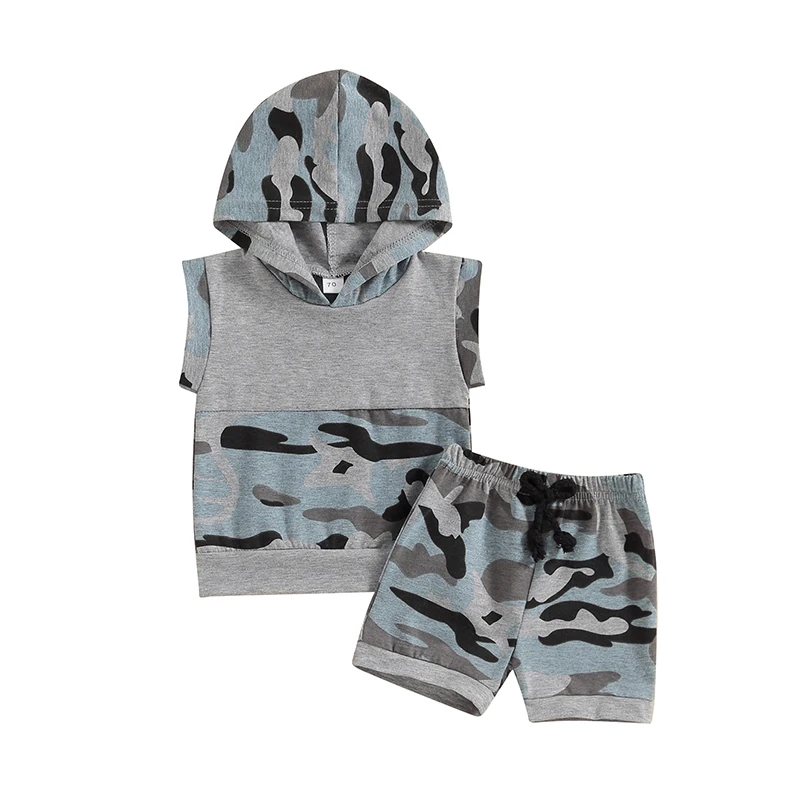 Baby Boys Shorts Set Camouflage Hooded Vest with Elastic Waist Shorts Summer Outfit