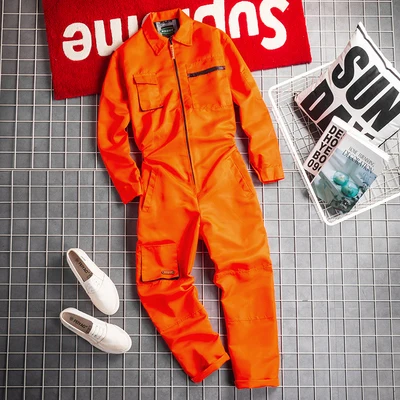 Loose Casual Overalls Men's Multi-ket Trendy Korean Japanese Retro Large Size Long Sve Pants Set Straight Leg Polyester...