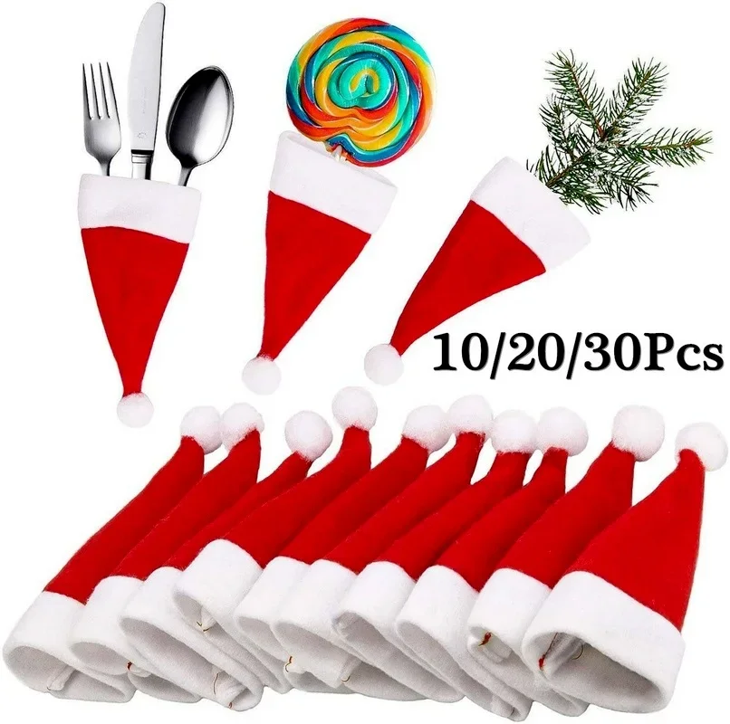30pcs Christmas Hats Tableware Knife Fork Set Holder Pocket Bag Kitchen Dinnerware Wine Bottle Xmas Hat Xmas Party Decorations