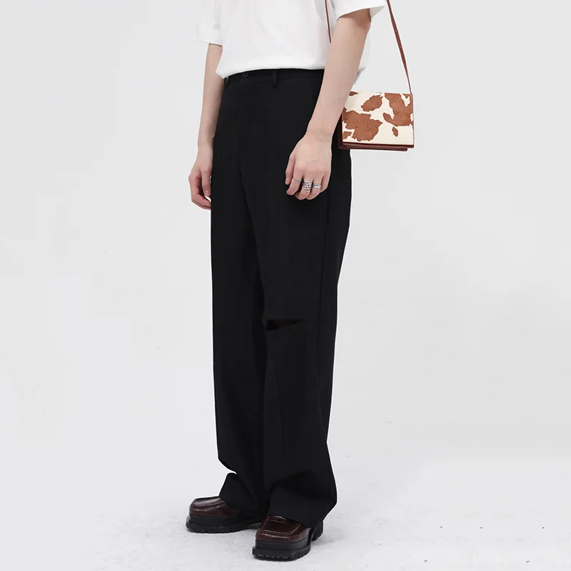 Suit Menswear Pants Spring Hole Design Casual Trousers Korean Trendy Simple Ins Fashion Loose Straight Male Bottom |