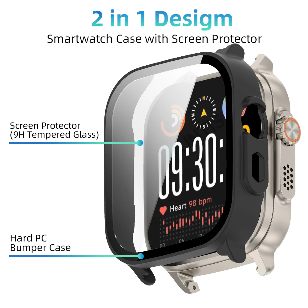 All-Around Protective Glass + PC Bumper Case for Smartwatch, Anti-scratch Screen Protector Cover.