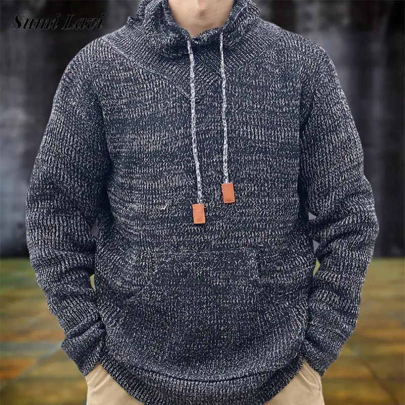 

Vintage Drawstring Turtleneck Knit Hoodie Mens Casual Long Sleeve Loose Knitted Pullover For Men Autumn Winter Fashion Sweater