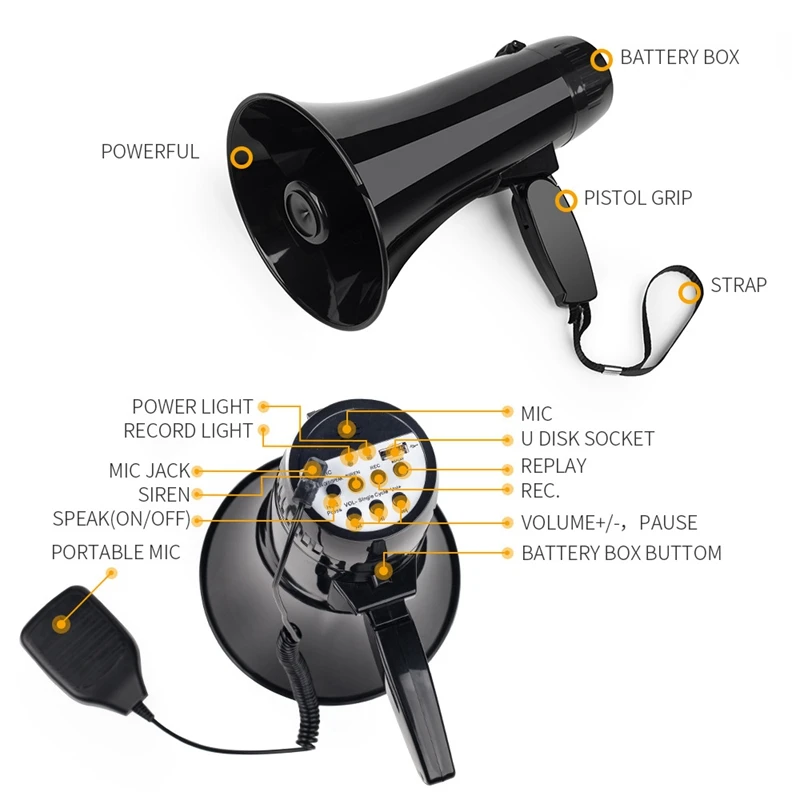 전원 휴대용 불혼 확성기 스피커, 내장 사이렌 USB 플래시 드라이브, 240S 녹음, 블랙, 35W