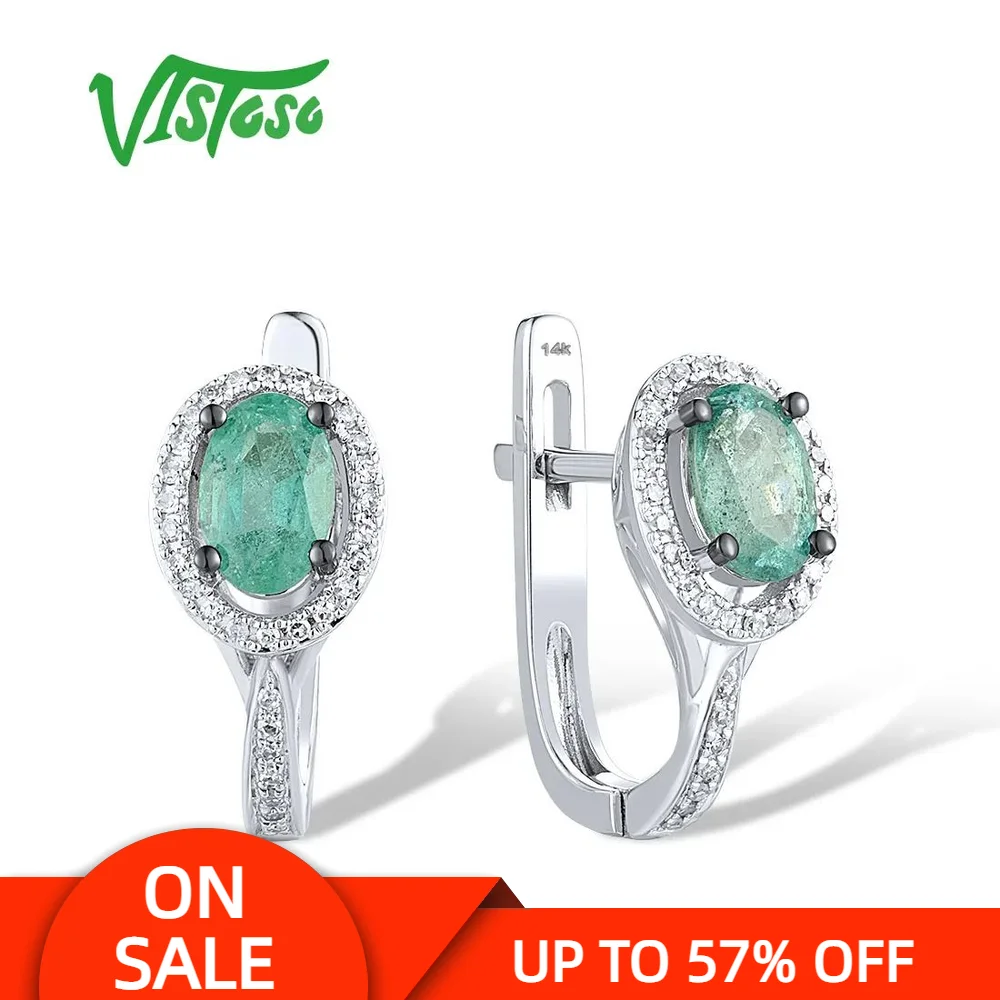 

VISTOSO Genuine 14K 585 White Gold Earrings For Women Sparkling Diamond Solitaire Emerald Elegant Party Gifts Fine Jewelry