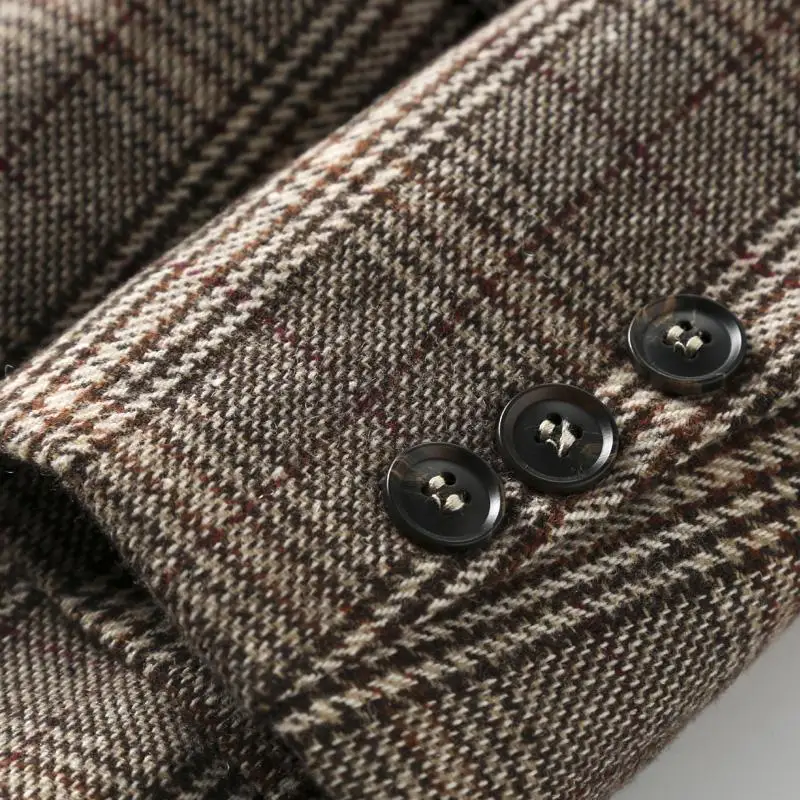 Women's Autumn Winter New Fashion Lapel Plaid Button Pocket Korean Style Temperament Long Sleeved Loose Mid Length Suit Jacket
