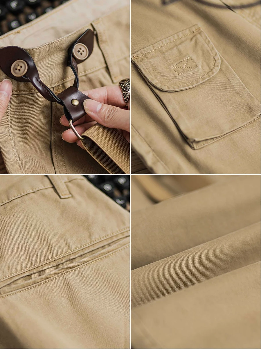 Men's Suspender Pants Loose Straight Multi-pockets Khaki Overalls Outdoor Casual Retro Cargo Pants for Male Boyfriend