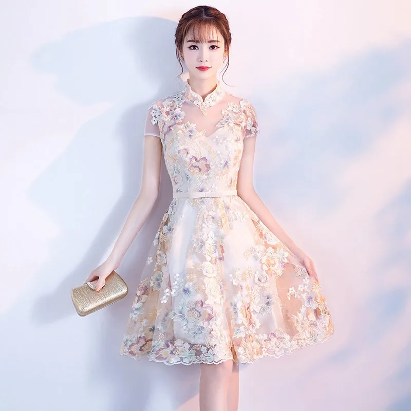 Vintage Chinese Style Wedding Dress Retro Toast Clothing Mini Gown Marriage Cheongsam Qipao Party Evening Dress Vestidos Clothes