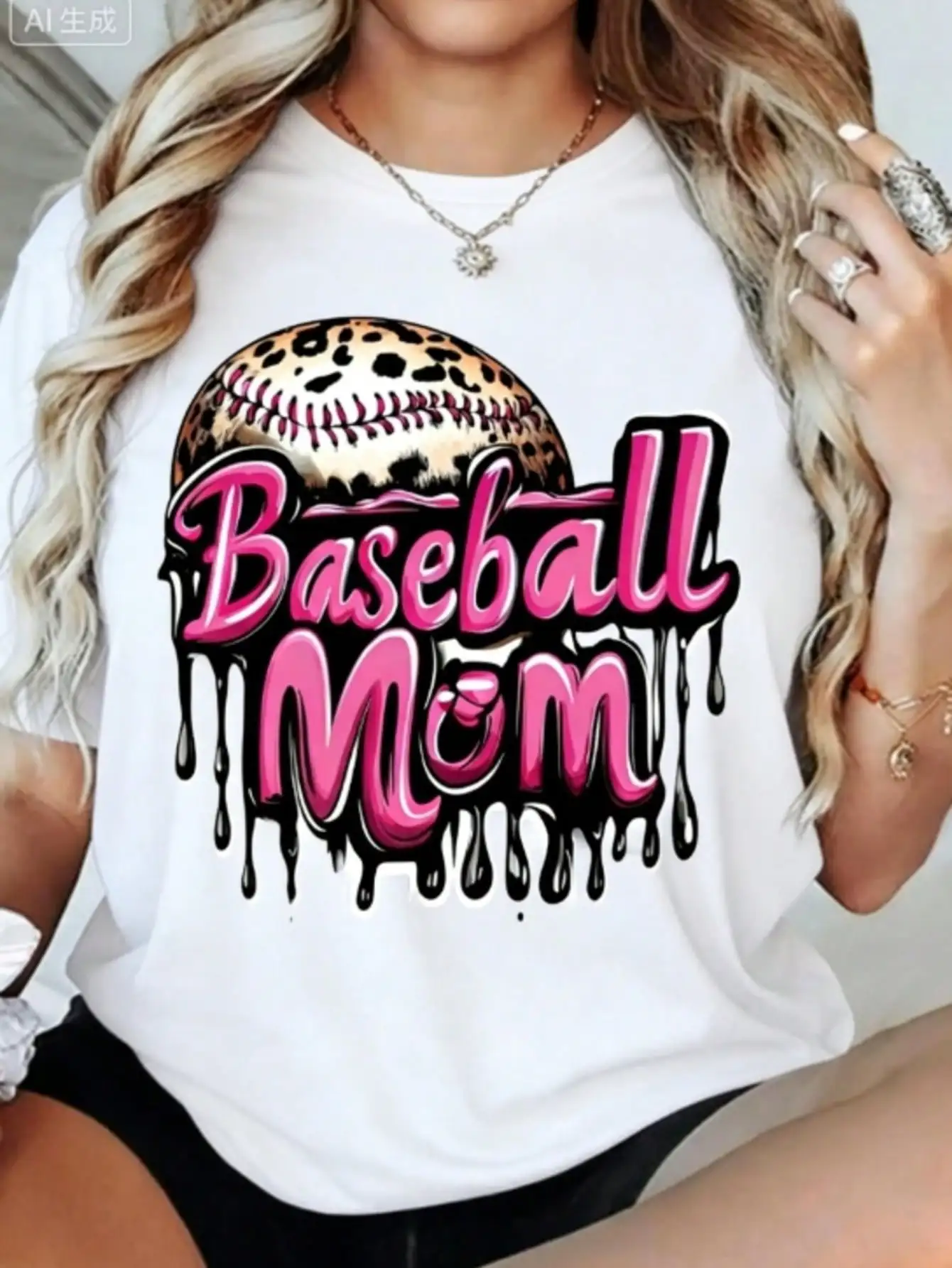 Baseball Mom Leopard Print T-Shirt, Cute Pink Drip Graphic Tee for Sports Moms in Black and White Women Clothing Harajuku 1