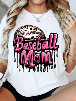 Baseball Mom Leopard Print T-Shirt, Cute Pink Drip Graphic Tee for Sports Moms in Black and White Women Clothing Harajuku 1