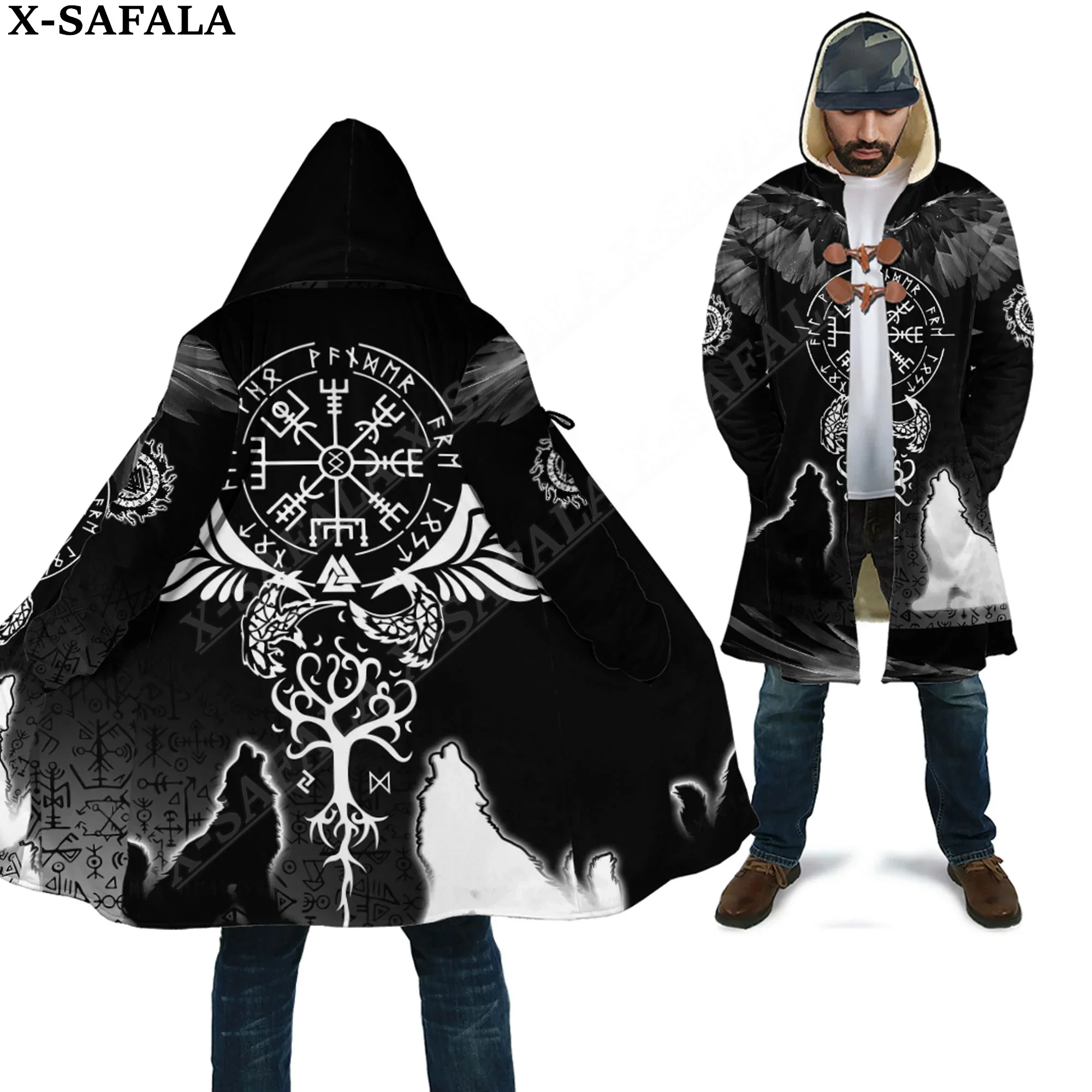 

Tattoo Symbol Viking Odin Dragon Wolf Bear Raven Overcoat Coat 3D Print Thick Warm Hooded Cloak Men Windproof Fleece Unisex-9