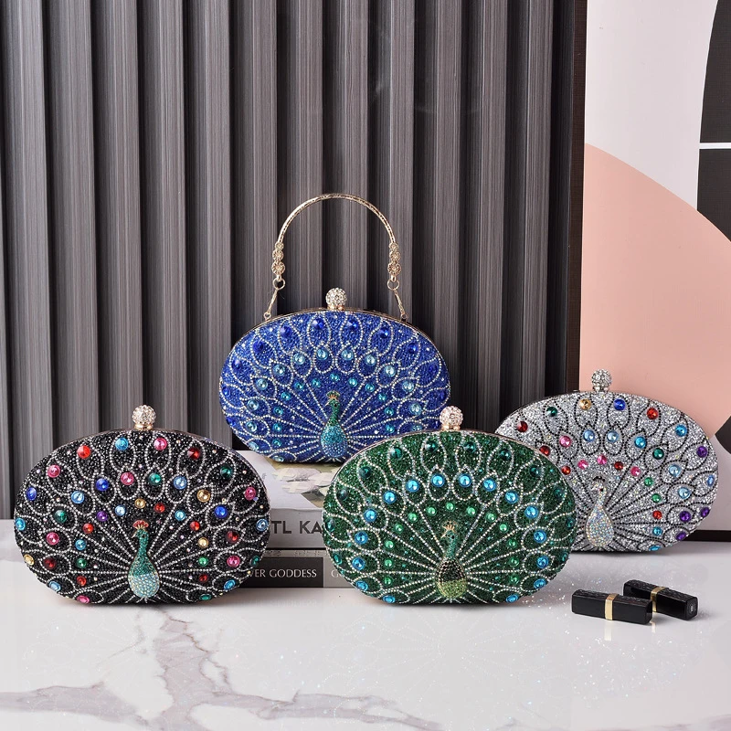 New Peacock Pattern Handbags Diamond Evening Bags for Women 2024