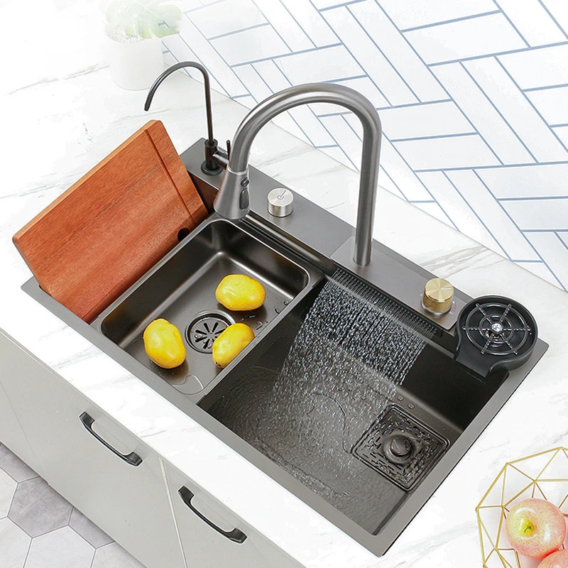 New Black Nanometer 304 Stainless Steel Waterfall Kitchen Sink 3mm