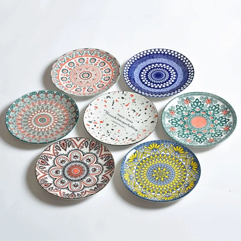 1PC 절묘한 세라믹 접시 라운드 플랫 플레이트 홈 Underglaze 색상 야채 샐러드 접시 과일 요리 주방 저녁 식사 접시