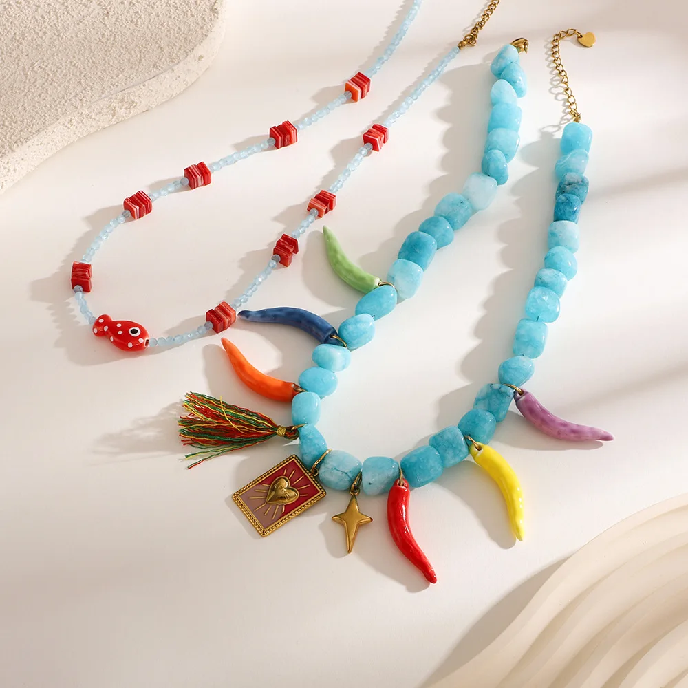 Stackable Natural Stone Bell Pepper Collar Neckalce Women Colorful Wheat Ears Fish Heart Star Charms Pendant Choker Waterproof