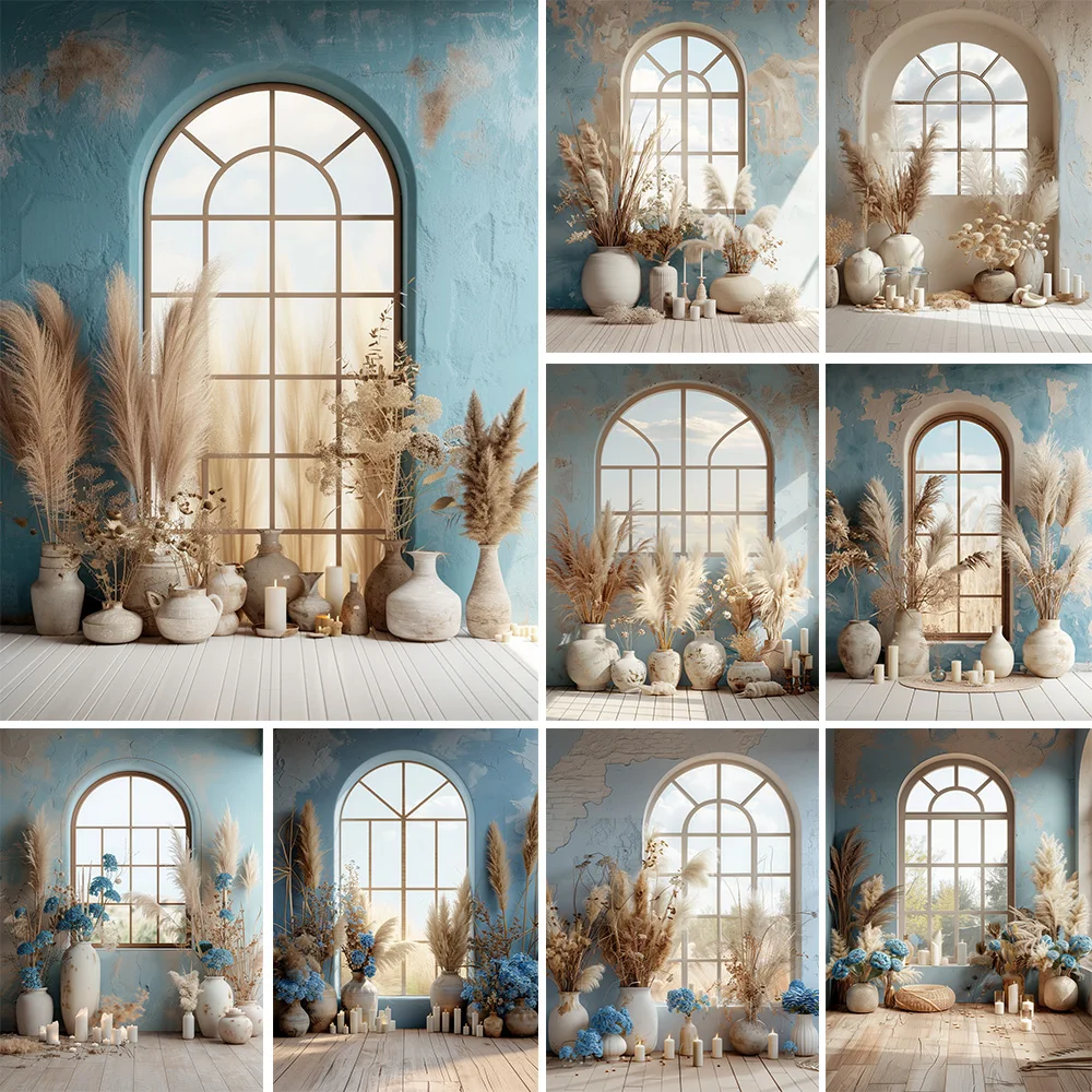 보호 사진 배경 가족 사진 출산 아기 쇼 배경 팜파스 잔디 창 푸른 벽 스튜디오 인테리어 포토부스 