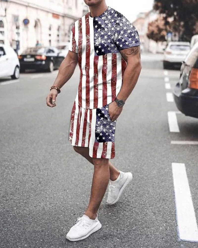 Summer Tracksuit Men's Vintage Outfits Set 3D Print American Flag T-Shirt+Shorts Fashion Sports Jogging Oversized Men's Clothing