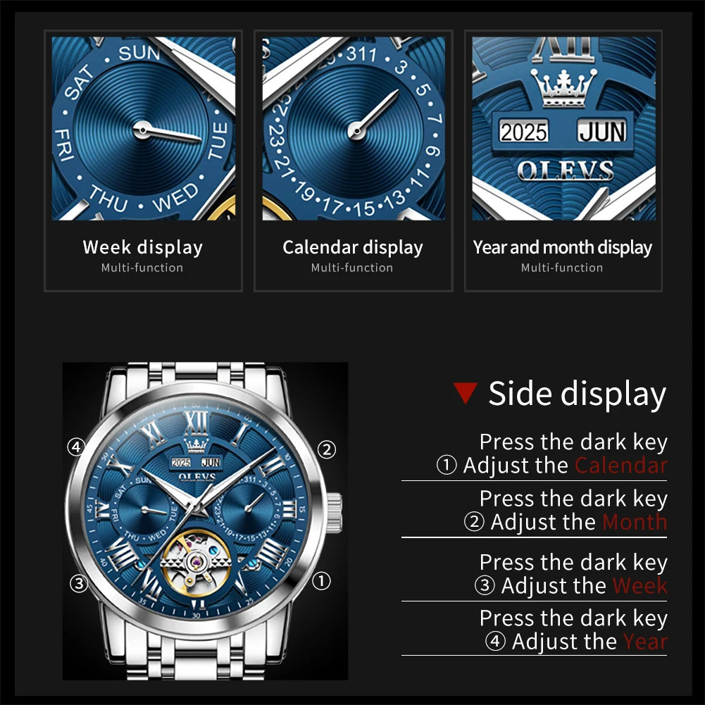 Mechanical Watch OLEVS 6668 Original Men&rsquo;s Multifunctional Skeleton Waterproof Stainless Steel Strap Business Automatic Mechanical Watch