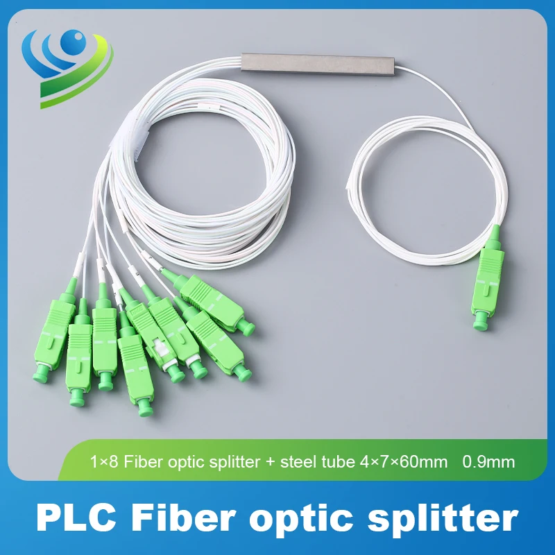 1x8 Fiber Optic Splitter 0.9mm SC/APC Connector Single Mode PLC Fiber Optic Splitter Steel Tube Type