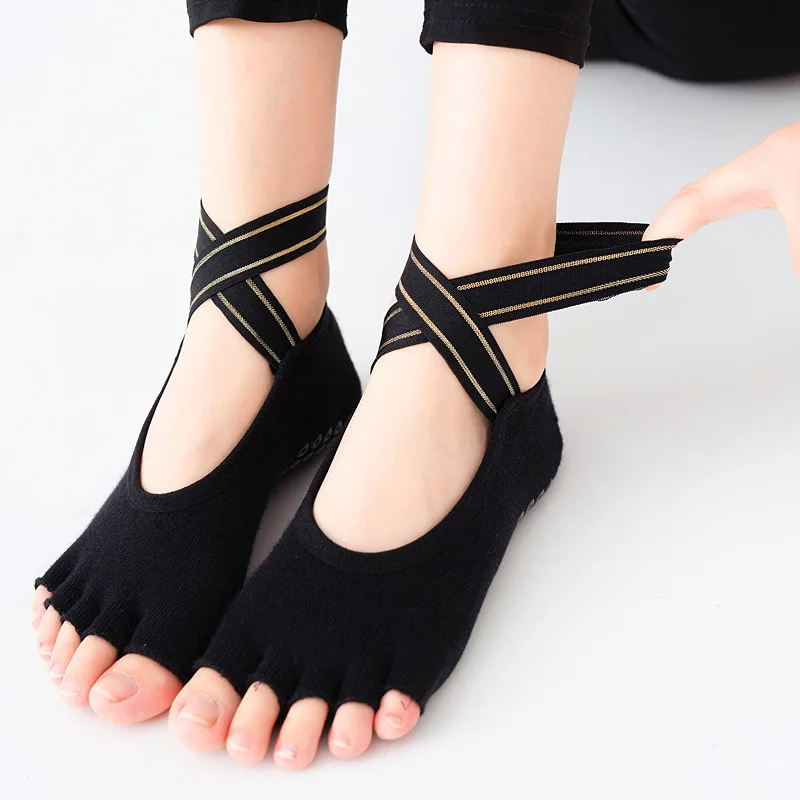 

Cross tie yoga socks with anti slip five finger exposed shoulder straps, dance socks, Pilates floor socks.